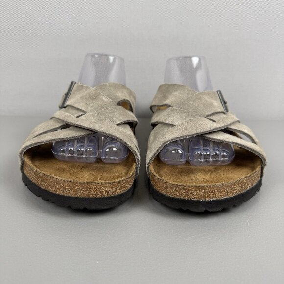 Birkenstock Sandals Men 44 US 11 Taupe Lugano Soft Footbed Suede Leather Slip On - Picture 2 of 9